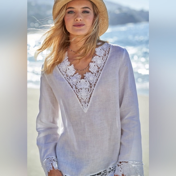 Gorsuch Tops - Gorsuch Linen And Lace Light Blue And White Tunic Women's Size 40 ( Euro) L(US)